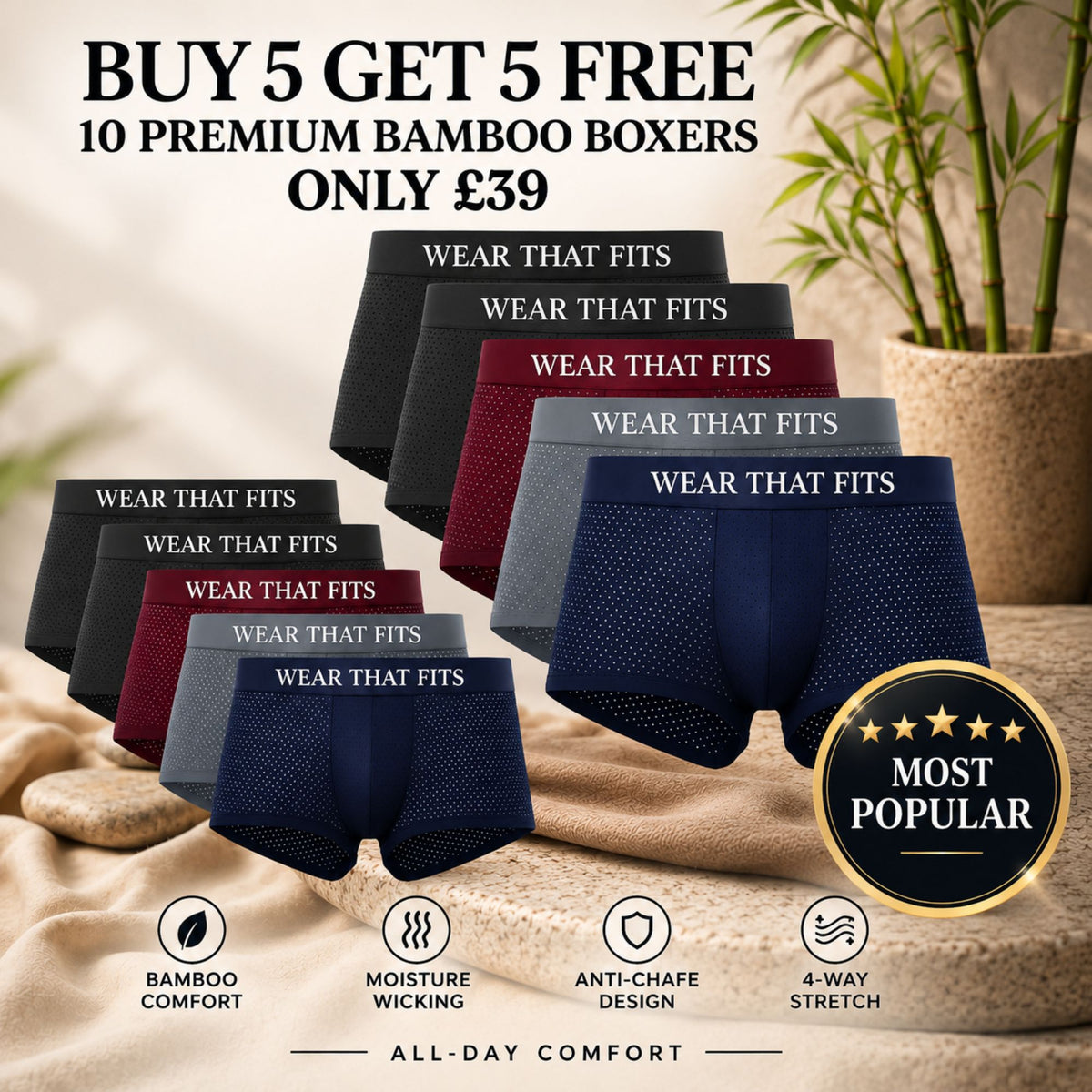 Buy 5 Get 5 Free Multi-Colour Bamboo+ Boxers.