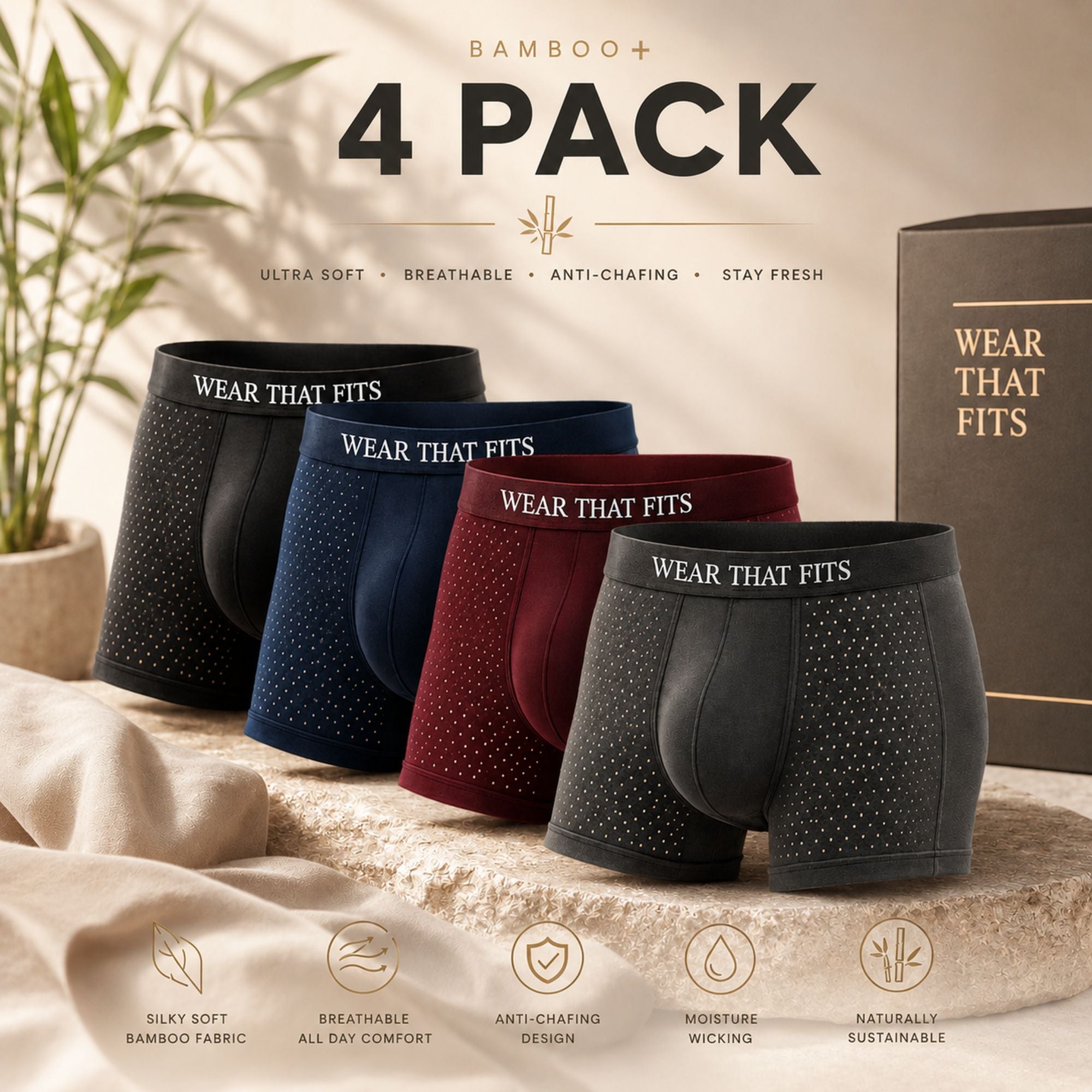 Bamboo+: 4 Pack Multi-Colour Men's Boxers