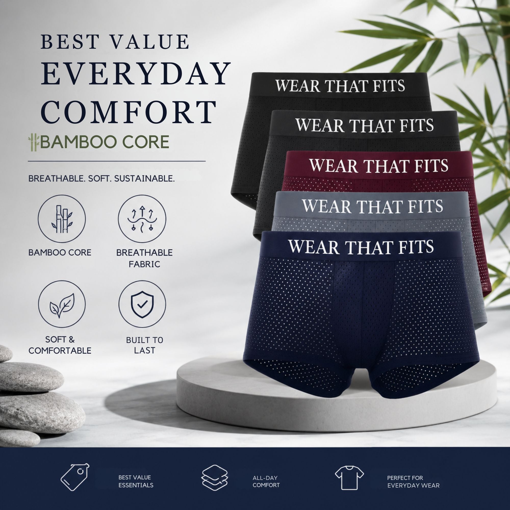 Bamboo Core: 5-Pack Multi-Colour Boxers, Get 5 Free.