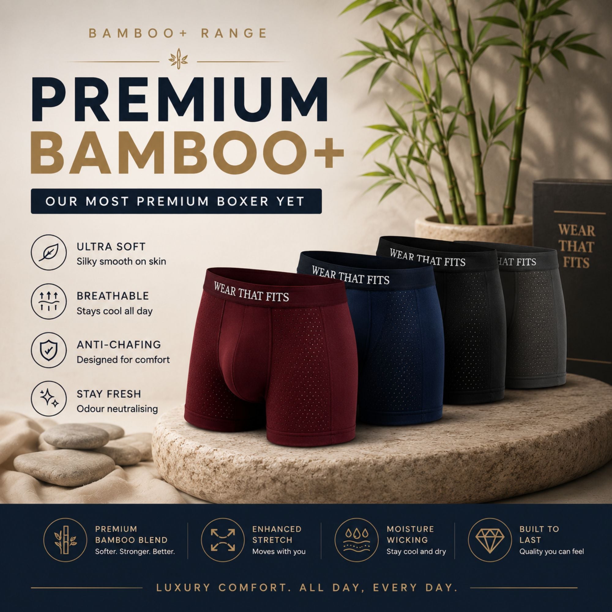 Bamboo+: 4 Pack Multi-Colour, Buy 2 Get 2 Free, Men's Boxers